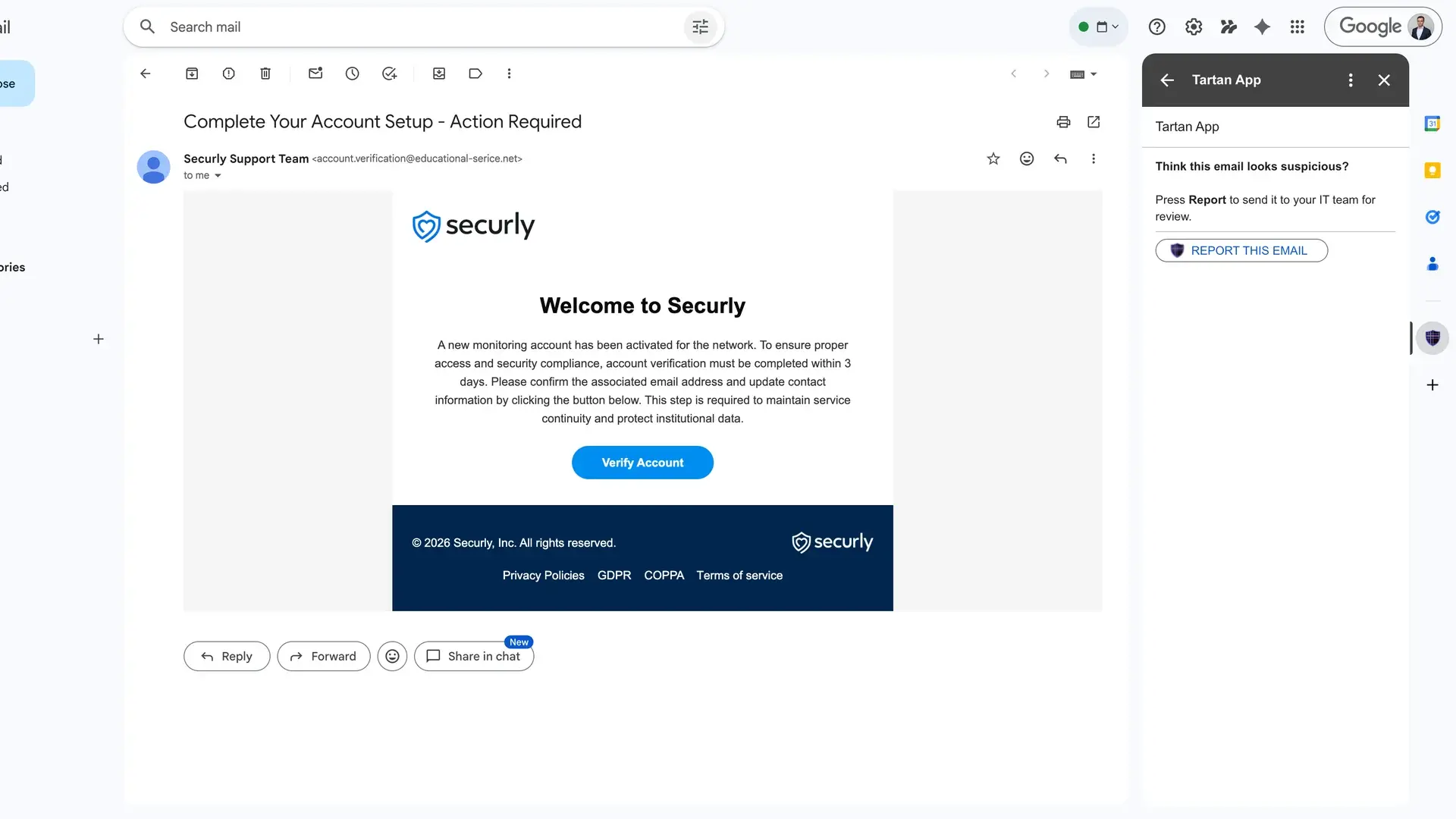 Tartan App realistic phishing simulation shown in Gmail with the report button open