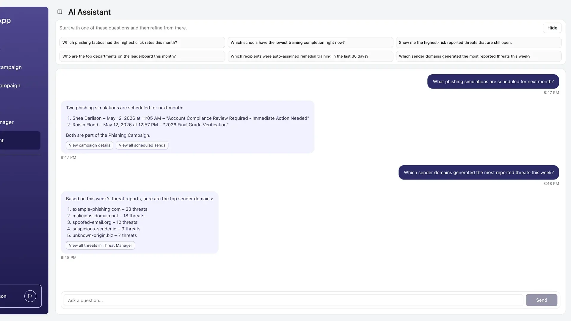 Tartan App AI assistant showing campaign and threat insights for results on autopilot