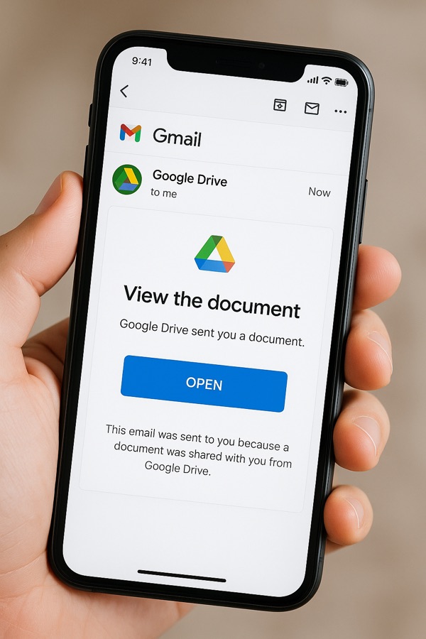 Example of a realistic phishing simulation email showing a fake Google Drive notification on a mobile phone